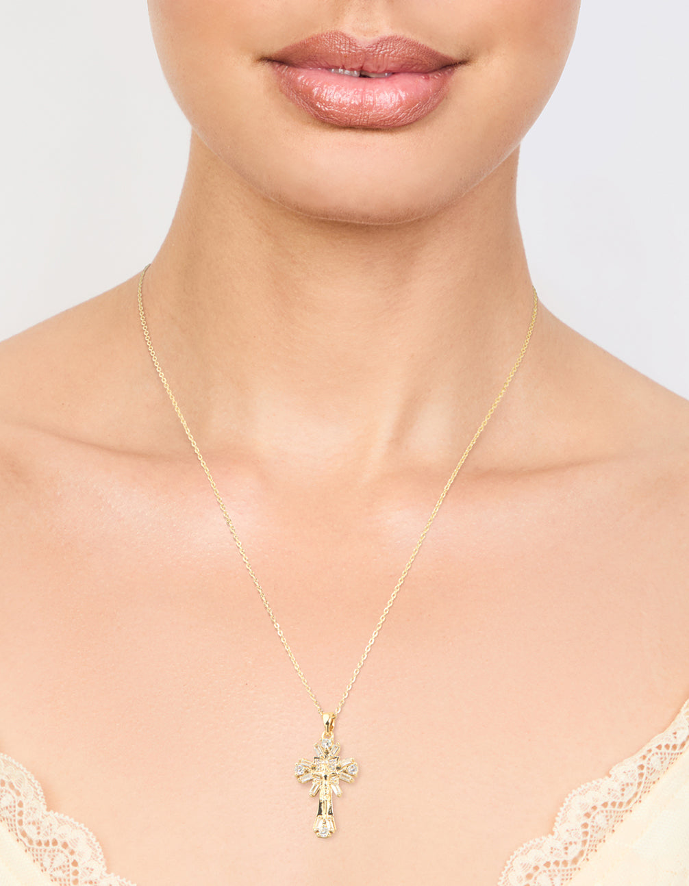 Gold Plated Cubic Zirconia Baguette Cross Pendant Necklace