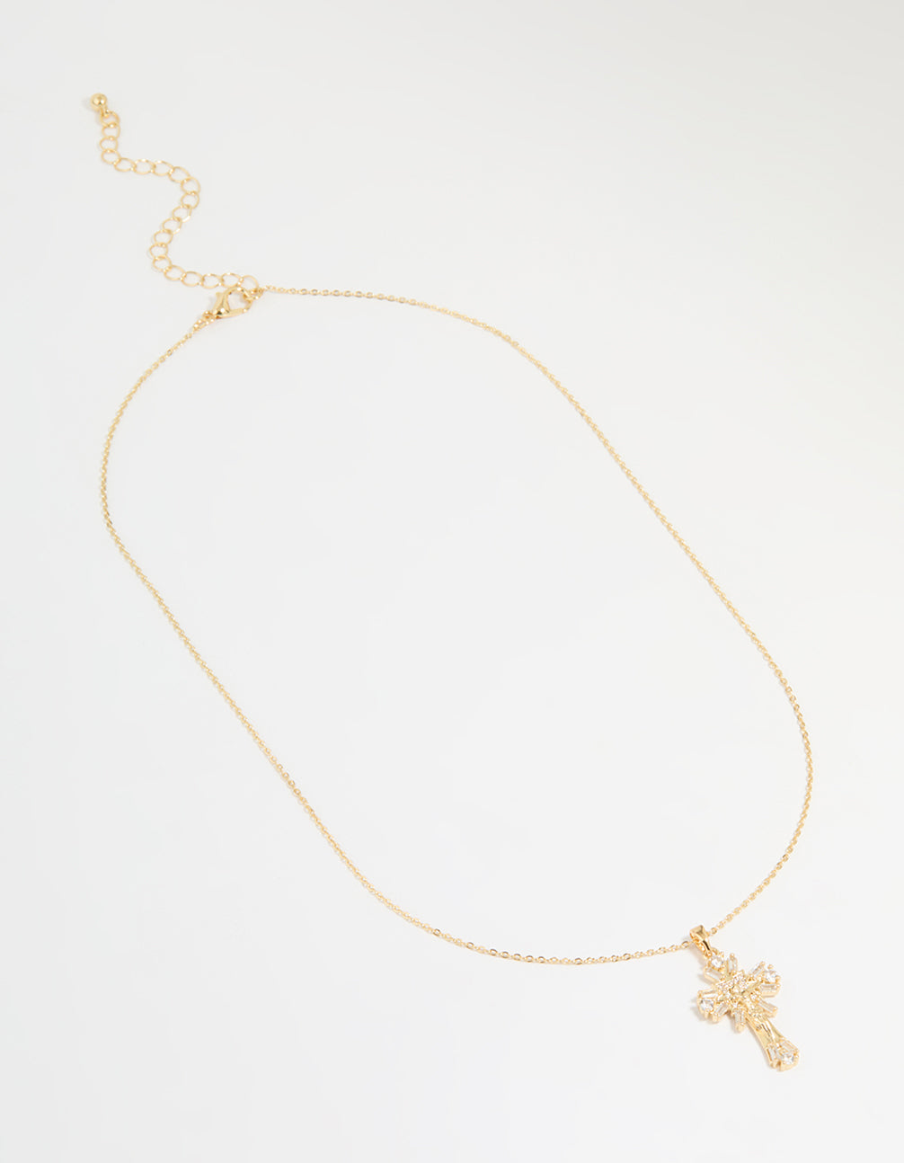 Gold Plated Cubic Zirconia Baguette Cross Pendant Necklace