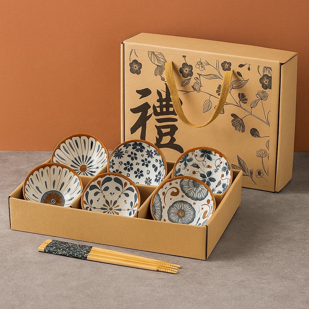Japanese Floral Ceramic Bowls – Set of 6