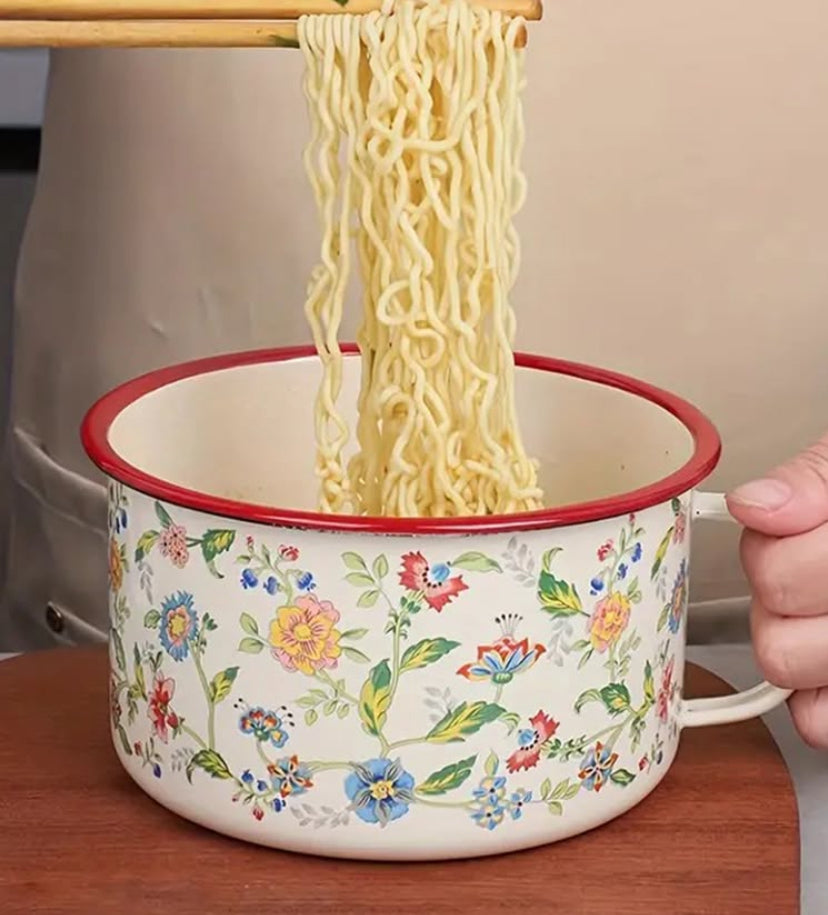 Multifunctional Seasoning Storage Bowl, Enamel Soup Cooking Pot, Flower Design Ceramic Noodle Pot With Lid