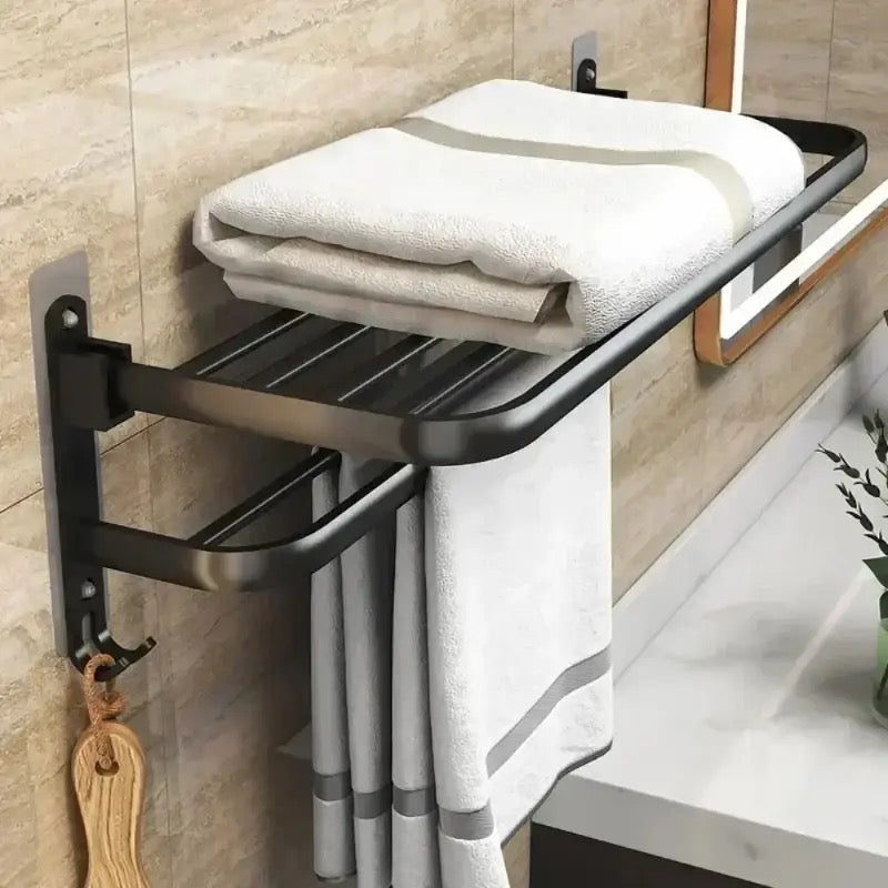 Double Folding Bath Towel Holder, Wall Matte Black Towel Rack, Bath Accessories Organizer, Self Adhesive Towel Bar, Aluminum Alloy Towel Rack, Kitchen Bathroom Shelves with Double Bar, Multifunction Double Towel Bracket