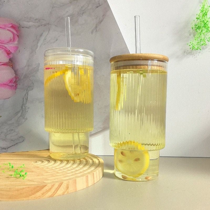 Transparent Strip Glass Cup With Bamboo Lid, Stackable Coffee Glass Cup, Reusable Smoothie Drinking Glass With Straw