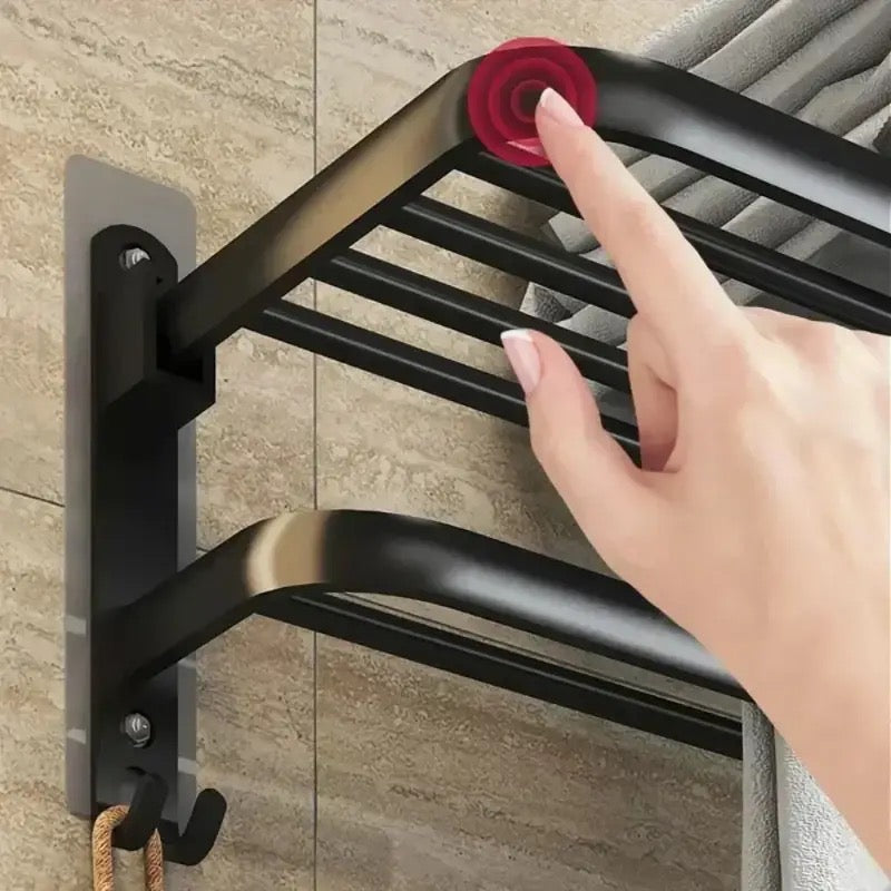 Double Folding Bath Towel Holder, Wall Matte Black Towel Rack, Bath Accessories Organizer, Self Adhesive Towel Bar, Aluminum Alloy Towel Rack, Kitchen Bathroom Shelves with Double Bar, Multifunction Double Towel Bracket