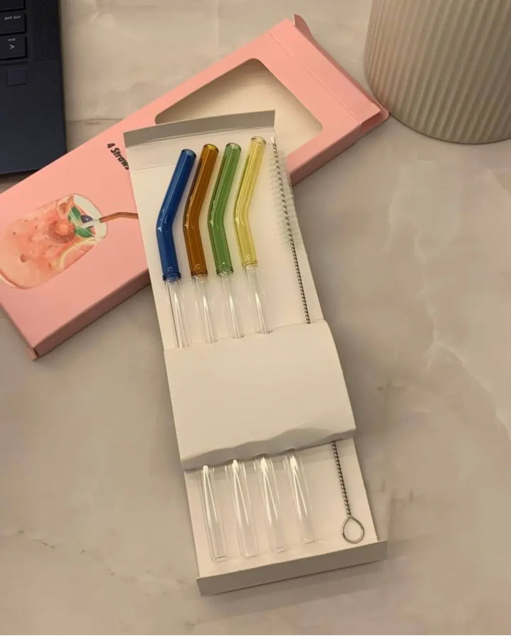 Set Of 4 Glass Straw With Brush,  Rainbow Glass Straw Set, Colourful Reusable Glass Straw, Glass Tube Cocktail Straw