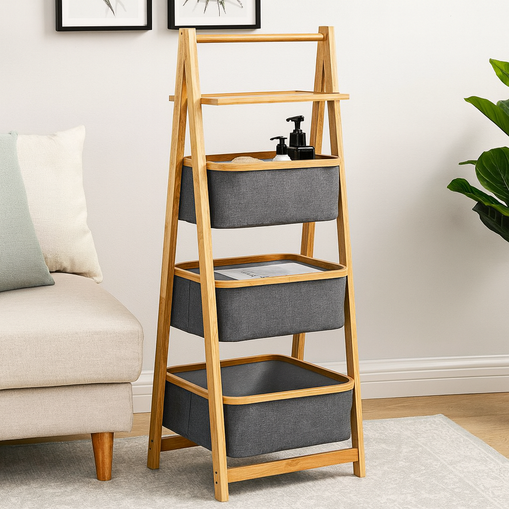 A-Frame 3 Tier Laundry Hamper With Shelf-Natural