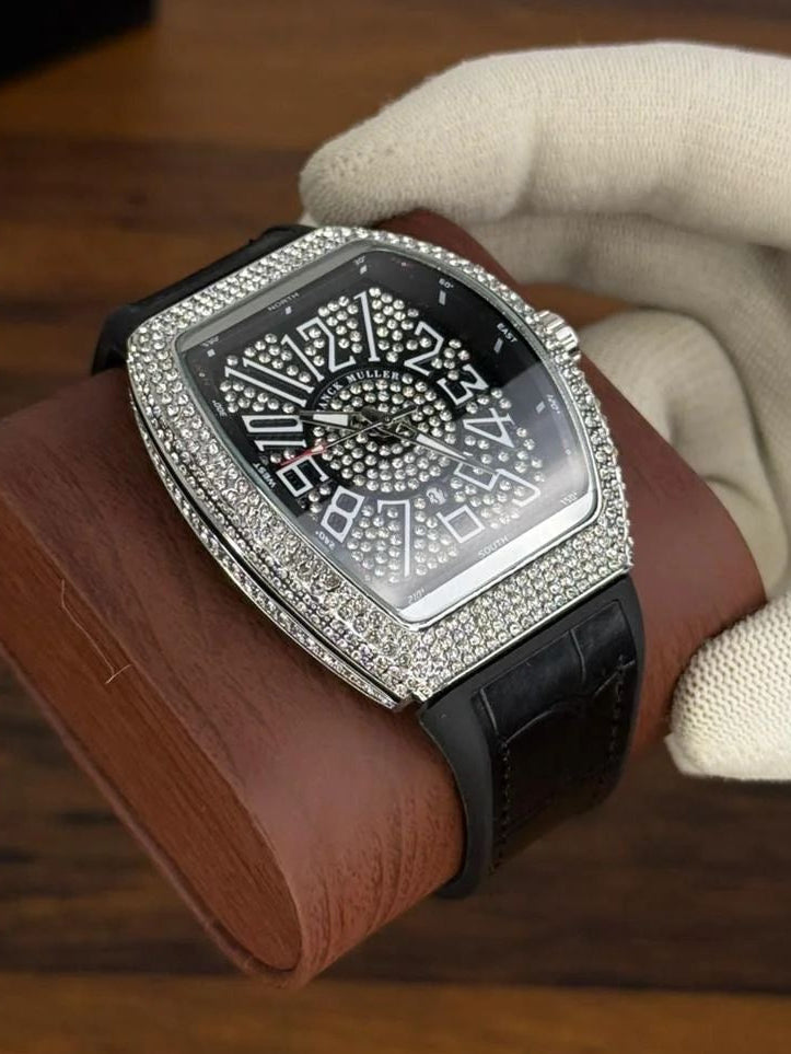 Frank Muller Stone Dial Luxury Automatic Watch – Black Leather Strap