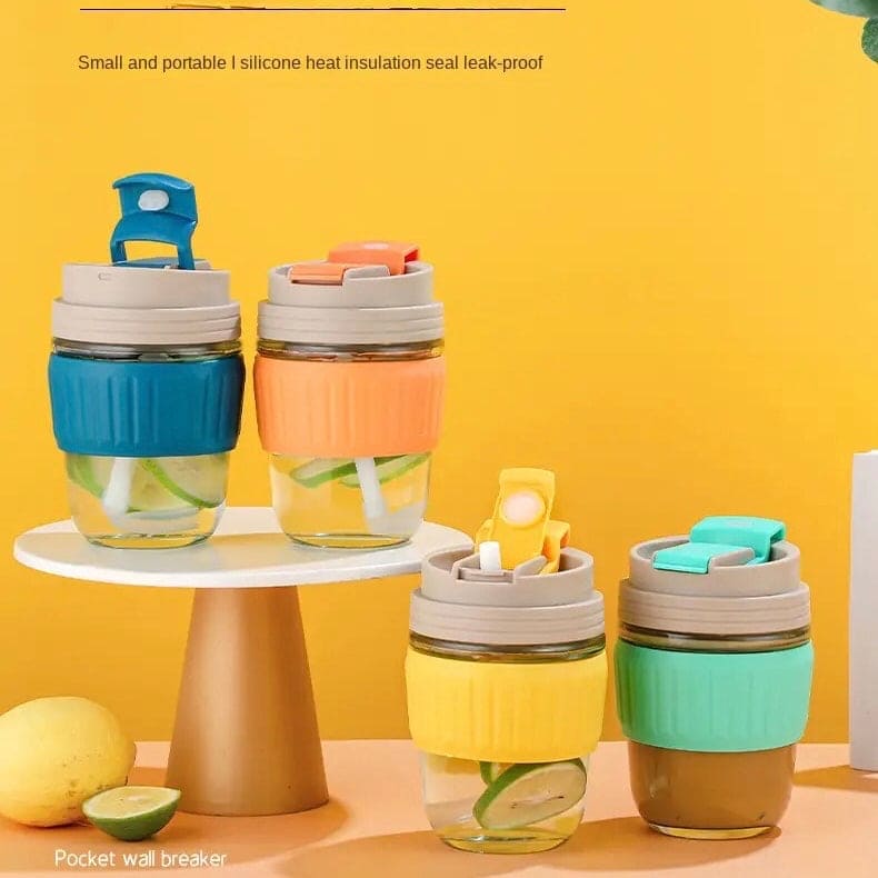 Modern Travel Mug, 350ml Double Drinking Glass,  Lovely Glass Straw Cup, Portable Accompanying Coffee Cup, Couple Silicone Anti Scalding Water Cup