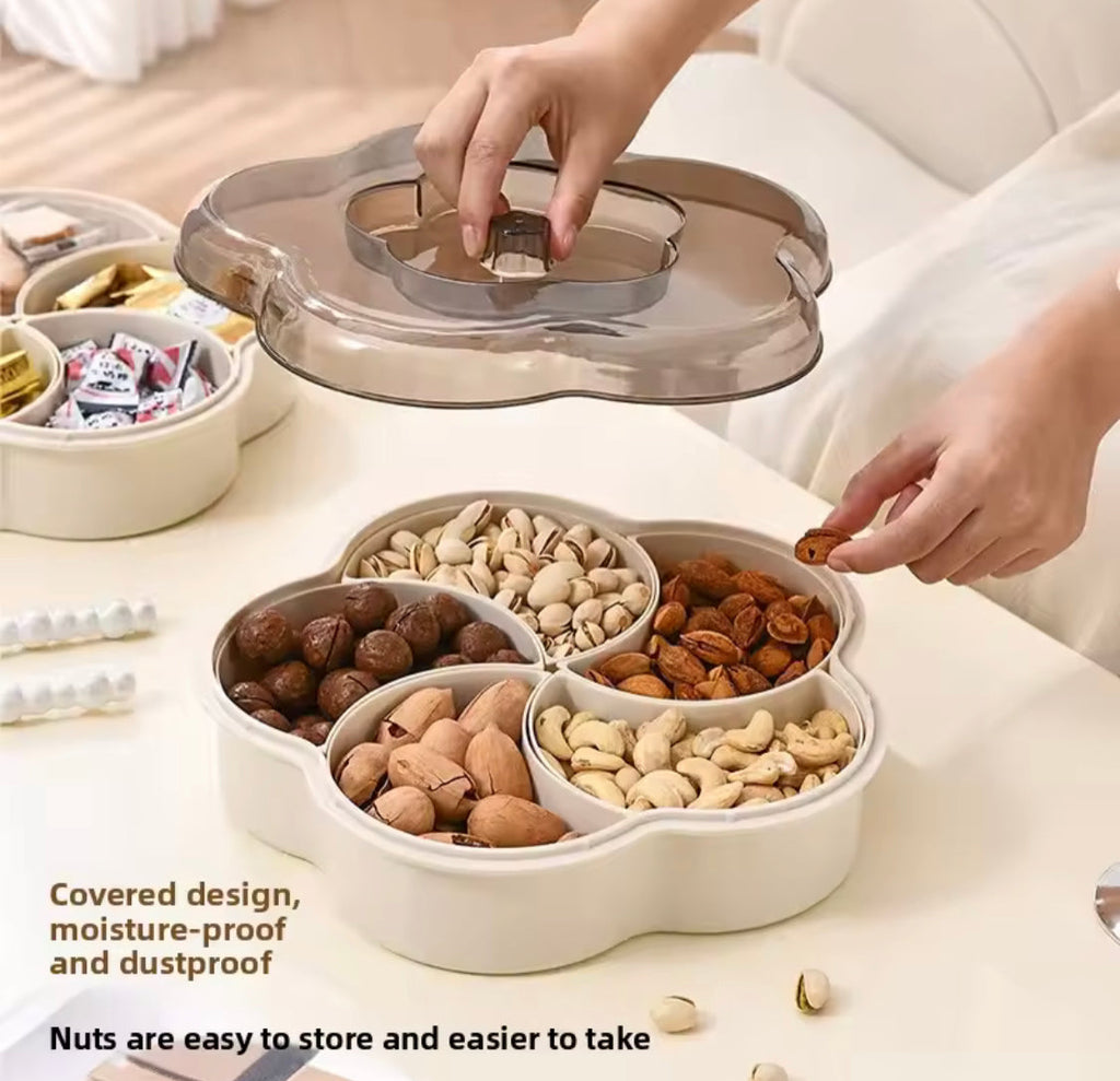 Five Compartments Divided Serving Tray With Lid, Dust Proof Dried Fruit Snack Storage Bowl, Large Capacity Modern Divided Serving Platter Box
