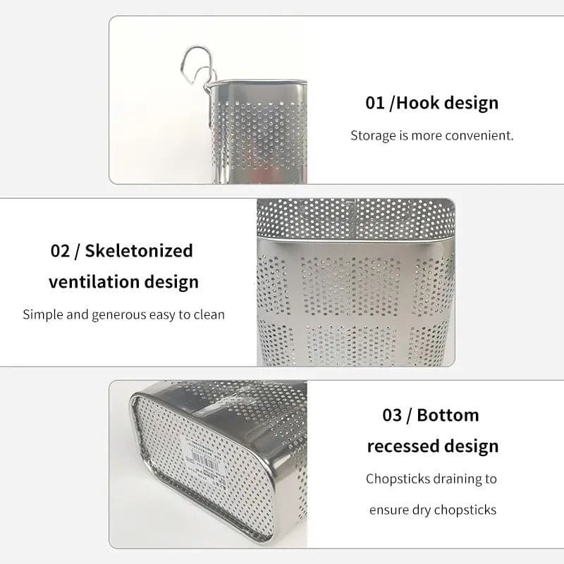 Stainless Steel Utensil Holder, Kitchen Wall Hanging Steel Cutlery Holder Organizer Rack, Multifunctional Chopstick Basket, Silverware Caddy Cutlery Rack, Drying Rack Basket Holder with Hooks