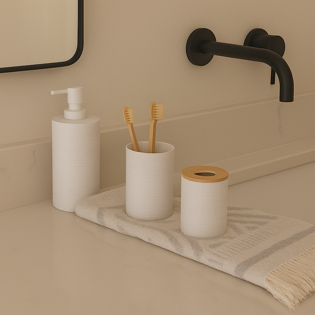 Modern White Bathroom Accessory Set with Bamboo Accents