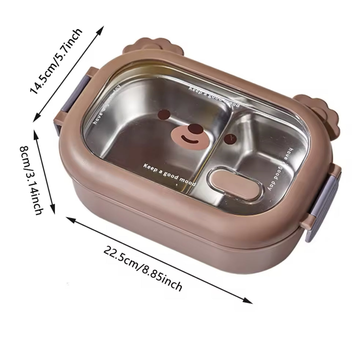 Bear Face Kids Lunch Box, Stainless Steel Food Insulated Container, 2 Compartments Cute Food Container, Microwave Friendly Kids Bento Lunch Box