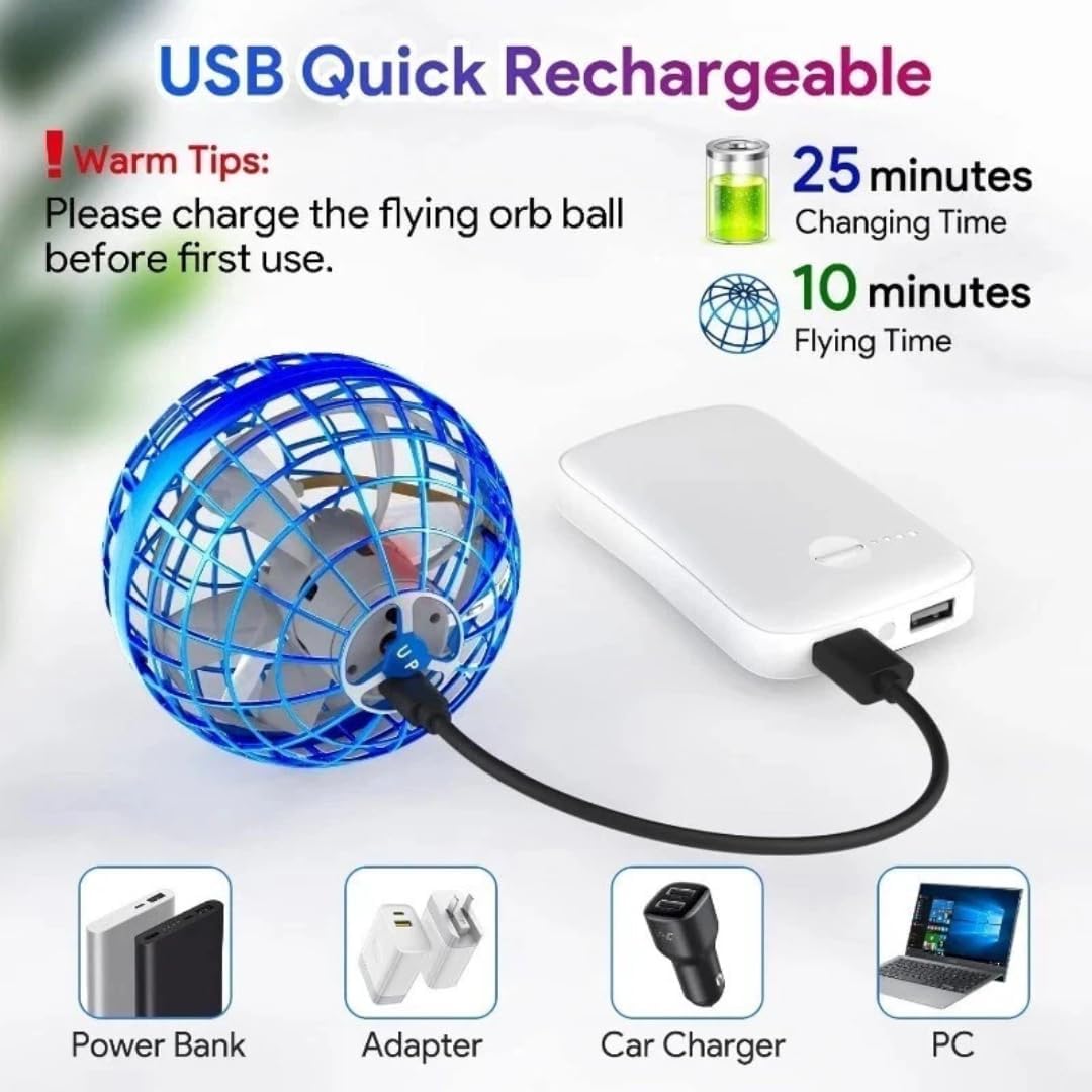 FLYING BALL UFO TOY WITH LED LIGHTS, AUTO-SPINNING & BOOMERANG EFFECT.