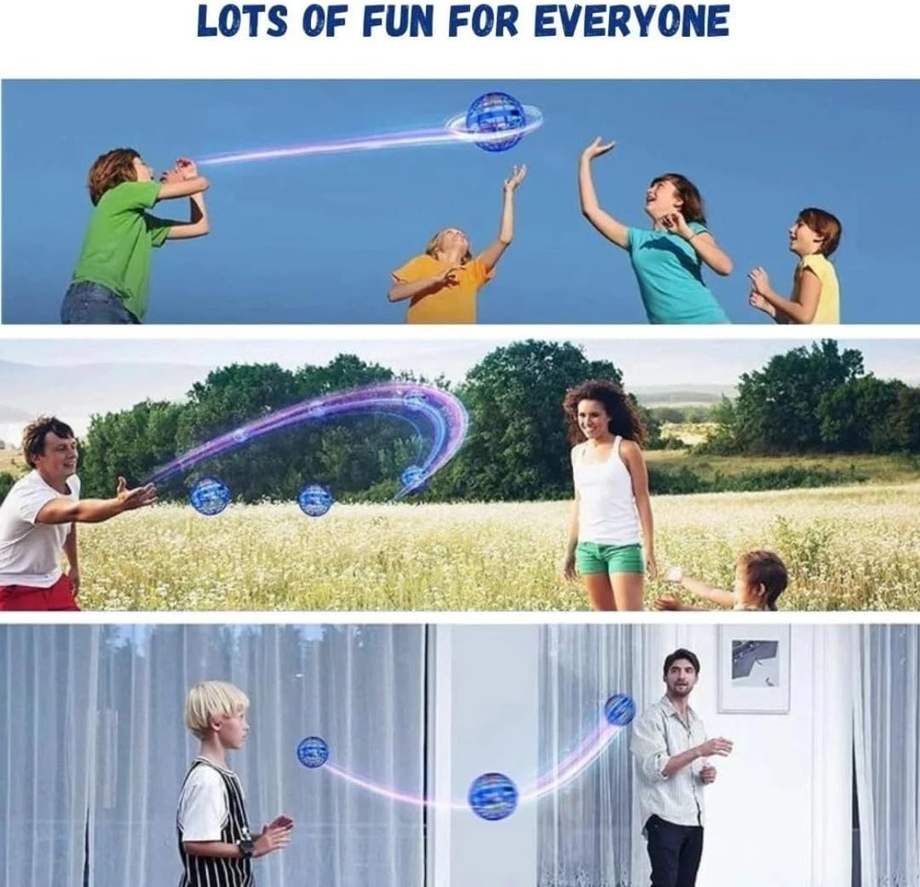 FLYING BALL UFO TOY WITH LED LIGHTS, AUTO-SPINNING & BOOMERANG EFFECT.