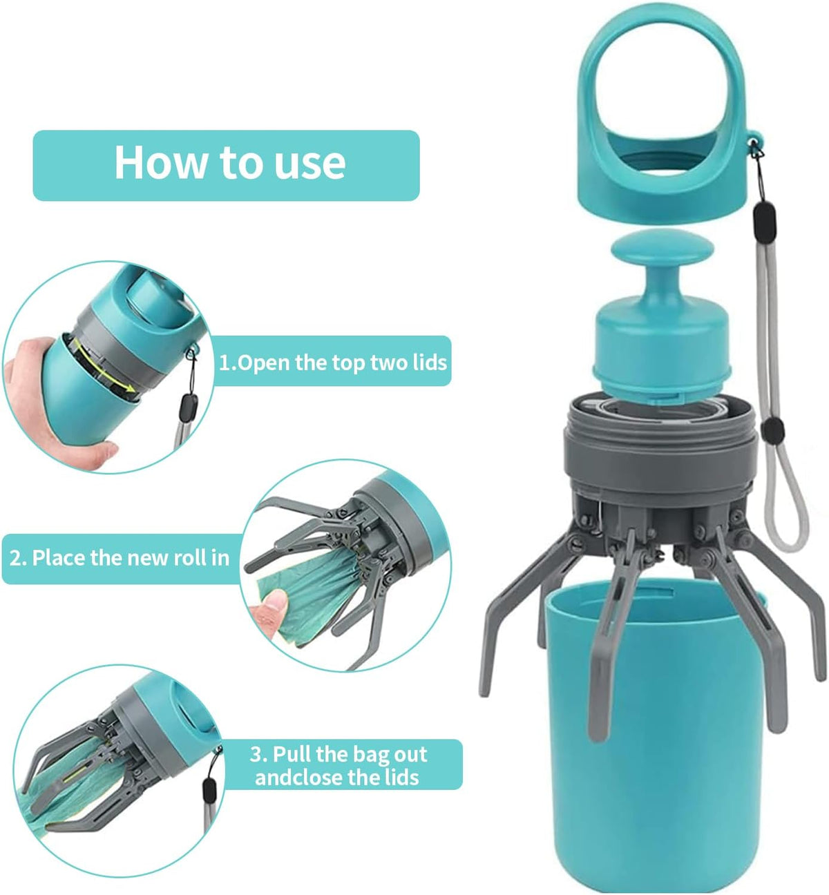 PORTABLE NO-TOUCH POOPER SCOOPER WITH 15PCS BAGS & LEAK-PROOF WASTE CONTAINER.