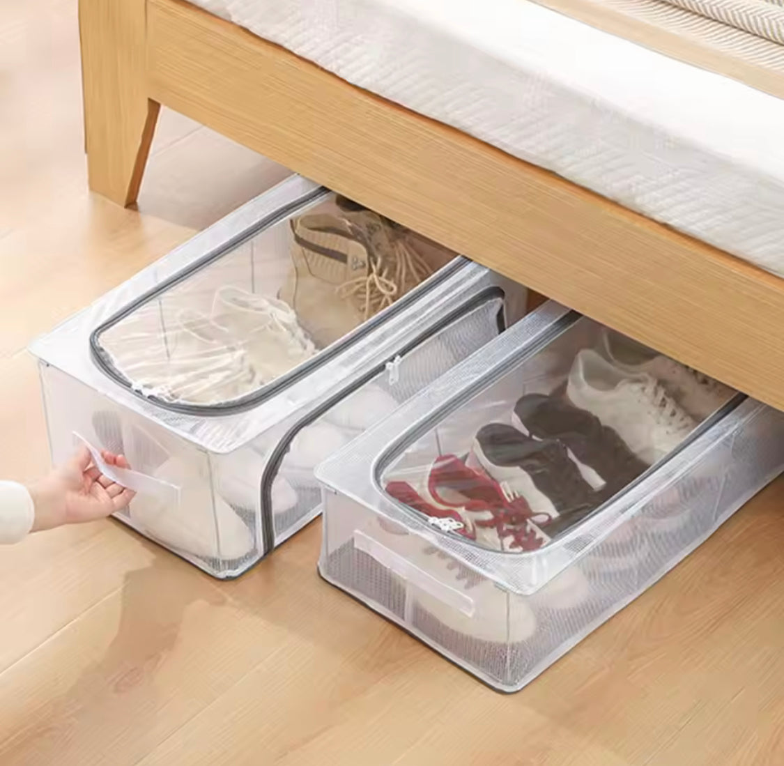 Double Sided Opening Zipper Shoe Storage Box, Foldable Under The Bed Shoe Basket, Dustproof Household Storage Box