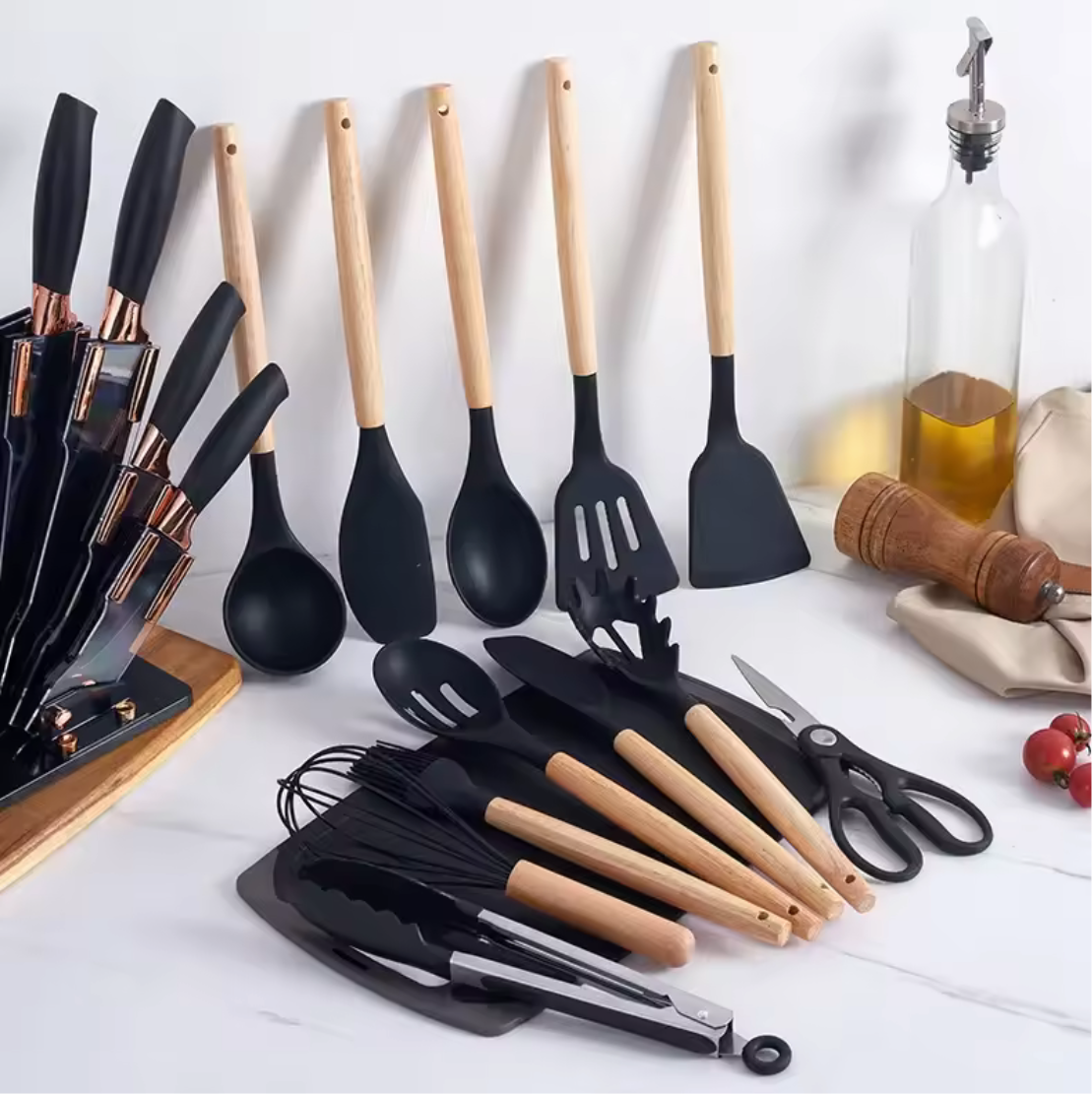 Set Of 20 Silicone Kitchen Utensil With Chopping Board, Cooking Spoon Knife & Fork Set, Wooden Handle Cooking Tool Set