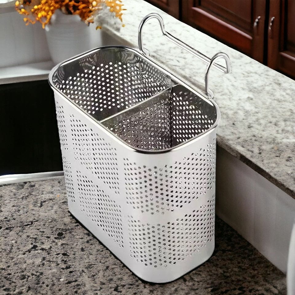 Stainless Steel Utensil Holder, Kitchen Wall Hanging Steel Cutlery Holder Organizer Rack, Multifunctional Chopstick Basket, Silverware Caddy Cutlery Rack, Drying Rack Basket Holder with Hooks