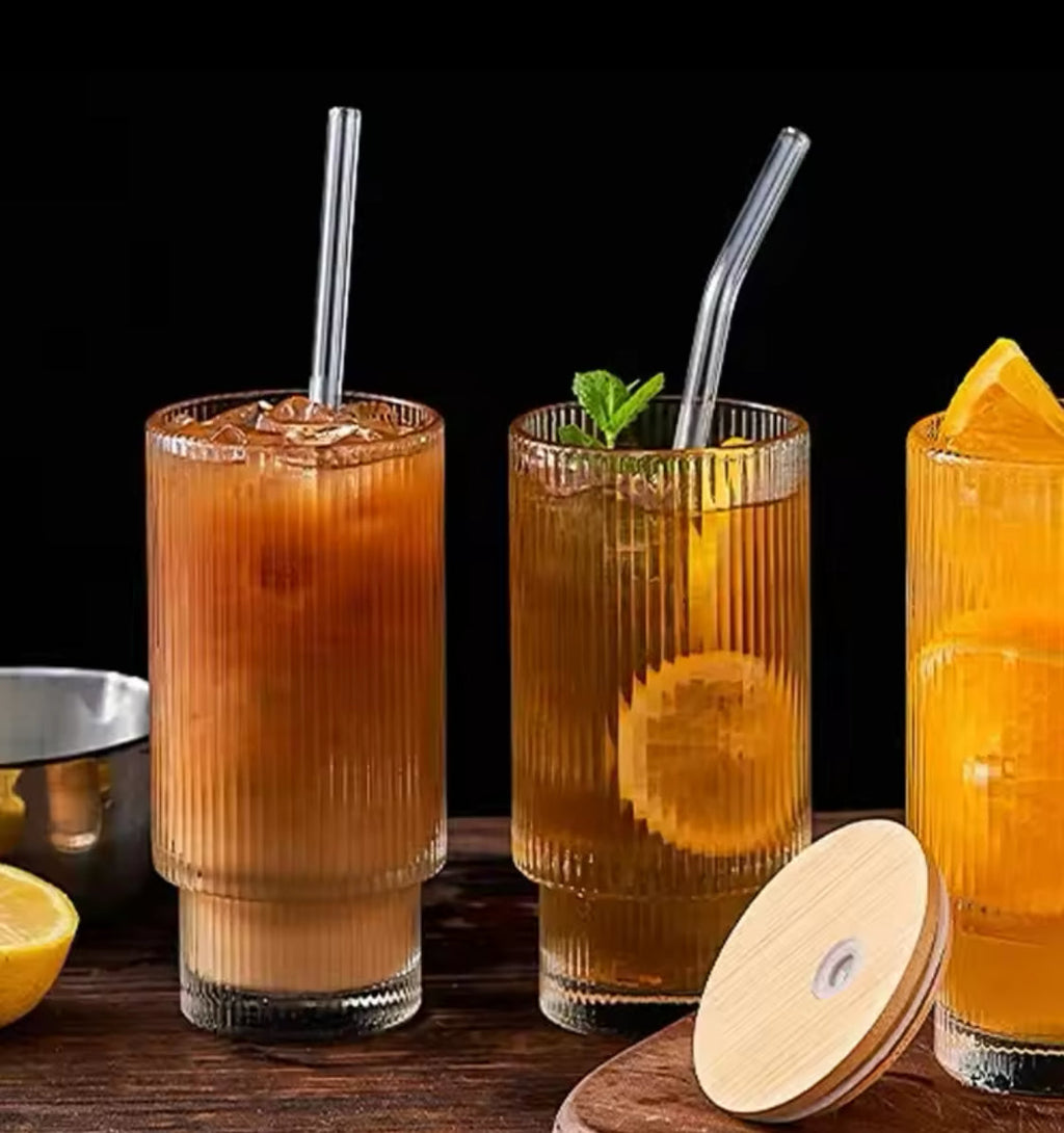 Transparent Strip Glass Cup With Bamboo Lid, Stackable Coffee Glass Cup, Reusable Smoothie Drinking Glass With Straw