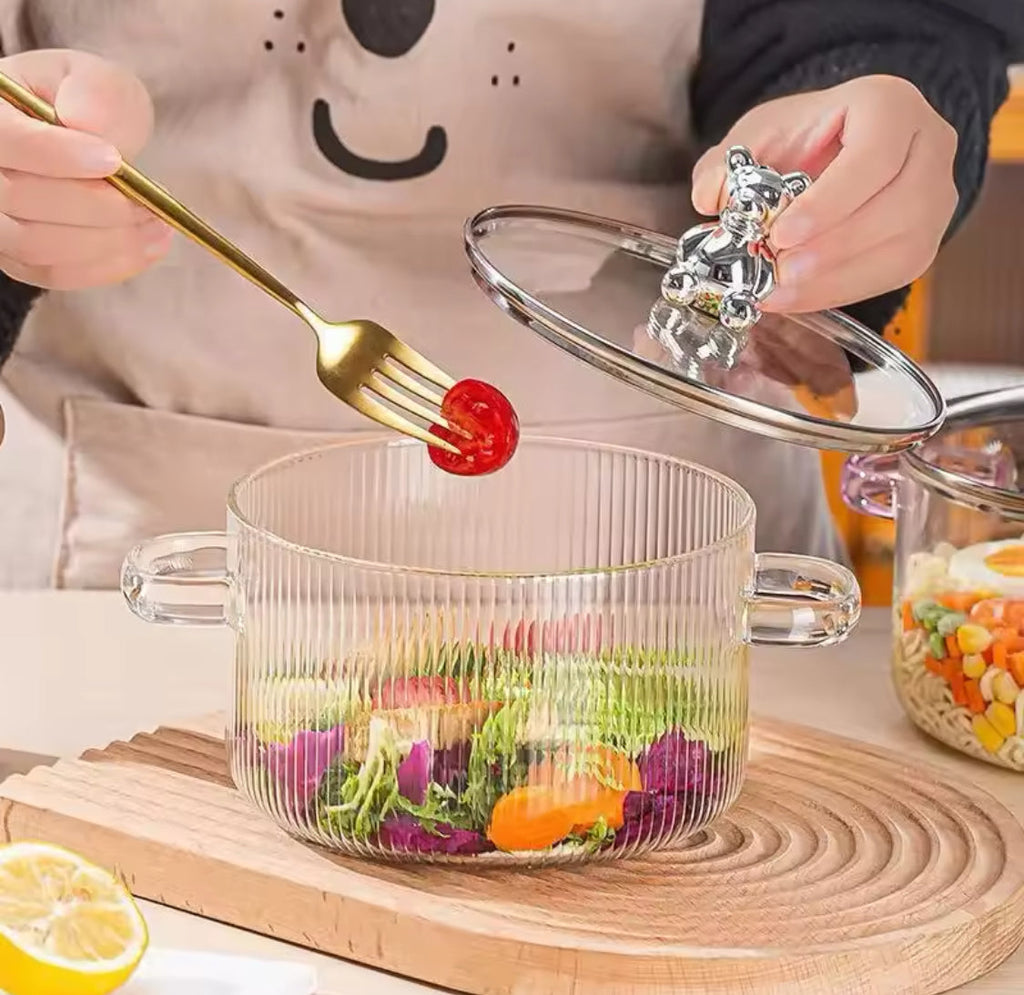 Bear Glass Cooking Pot, Large Capacity High Borosilicate Glass Clear Cooking Pot, Heat Resistant Sauce Pan