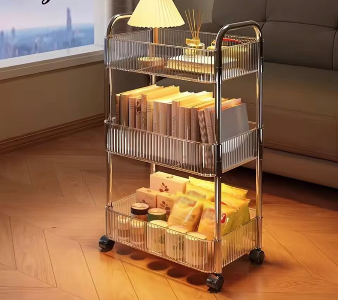 3 Layer Ripple Square Transparent Shelf, Multi Layer Mobile Bookshelf, Multi Purpose Storage Cart