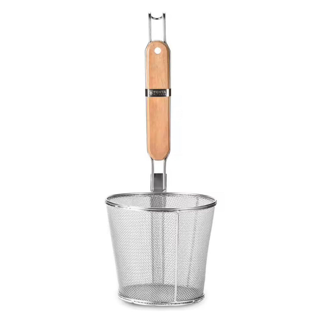 Stainless Steel Kitchen Strainer With Wooden Handle, Frying Food Colander With Long Handle, Potato Chef Colander Tool Frying, French Fries Basket, Kitchen Noodles Fried Strainer, Wire Fine Mesh Oil Strainer