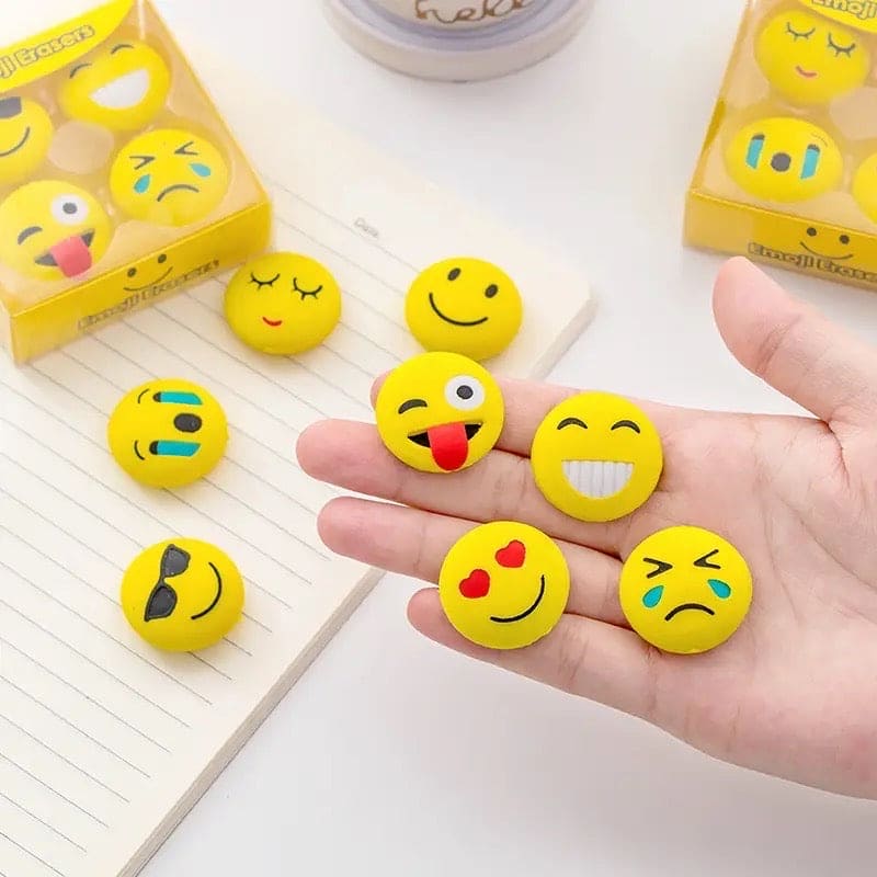 Set Of 4 Emoji Eraser, Cute Smiley Eraser, Fancy Eraser Rubber, Cartoon Cute School Rubber, Lovely Cartoon Animal Sports Themed Mini Erasers