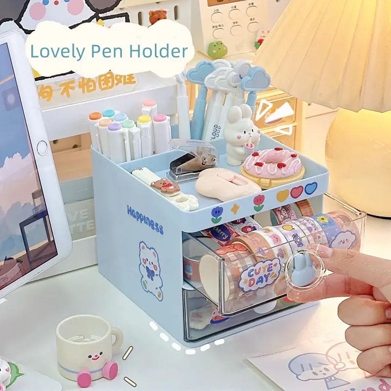 Cute Candy Stationary Organizer, Lovely Fashion Pen Holder with Sticker, Multifunctional Stationery Pencil Organizer, Large Capacity Waterproof Student Desk Holder