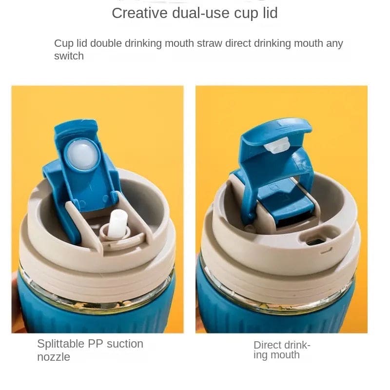 Modern Travel Mug, 350ml Double Drinking Glass,  Lovely Glass Straw Cup, Portable Accompanying Coffee Cup, Couple Silicone Anti Scalding Water Cup