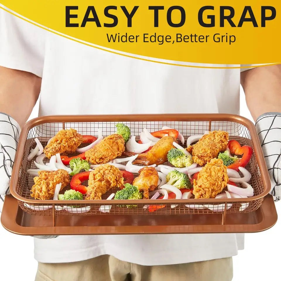 Set Of 2 Pcs Air Fryer Tray, Double Non Stick Crisper Tray, Multifunction Roasting Frying Basket, Heat Resistance Oven Grill Pan Basket, Cooling Grill Pan Plate With Handles
