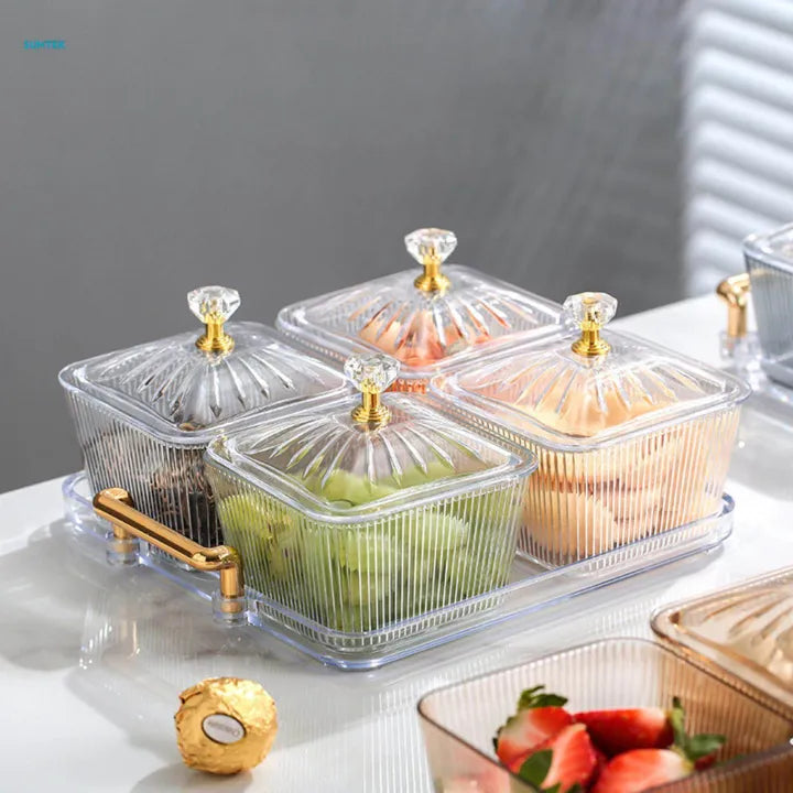 Acrylic 4pcs Candy Storage Tray Set, Serving Fruit Tray With Glass Acrylic Lid, Desktop Candy Container