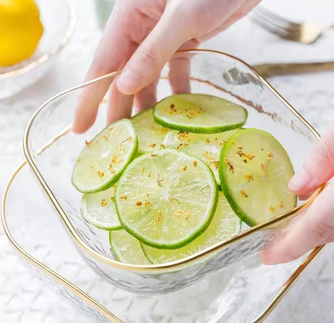 Nordic Golden Border Salad Bowl, Transparent Glass Fruit Plate, Dessert Round Square Bowl