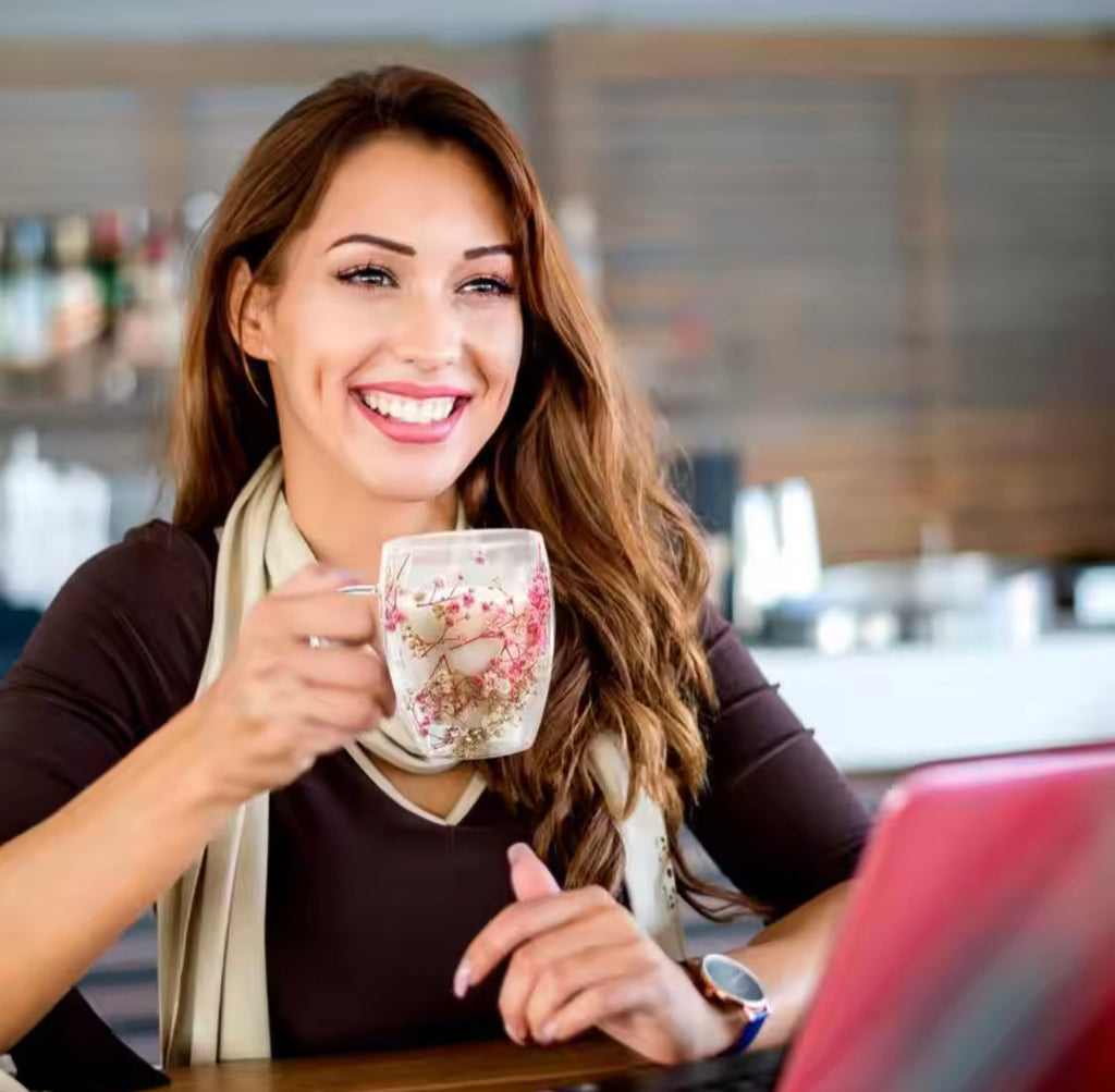 Dry Flowers Double Wall Glass Cup, Transparent Espresso Glass Cup, Double Wall Glass Cup With Handle