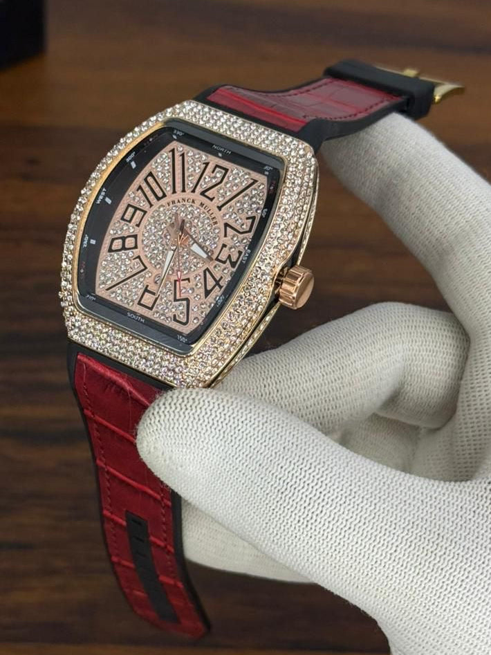 Frank Muller Stone Dial Luxury Automatic Watch – Red Leather Strap