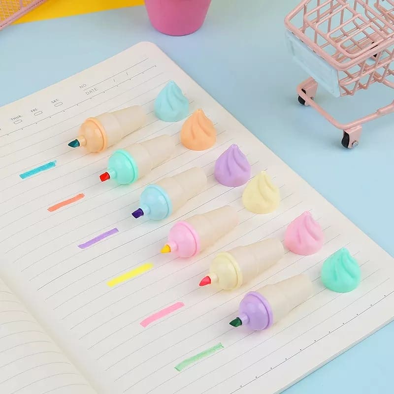 Set Of 6 Mini Ice Cream Highlighter, Portable Mini Sweet Cute Cone Shape Highlighters.