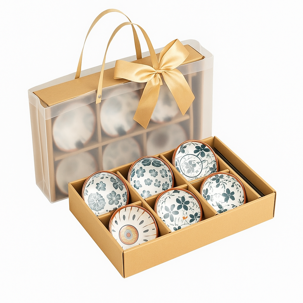 Elegant Japanese Ceramic Bowls with Golden Ribbon Bag – Set of 6