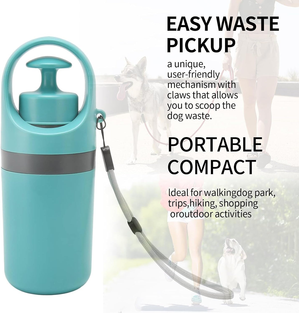 PORTABLE NO-TOUCH POOPER SCOOPER WITH 15PCS BAGS & LEAK-PROOF WASTE CONTAINER.