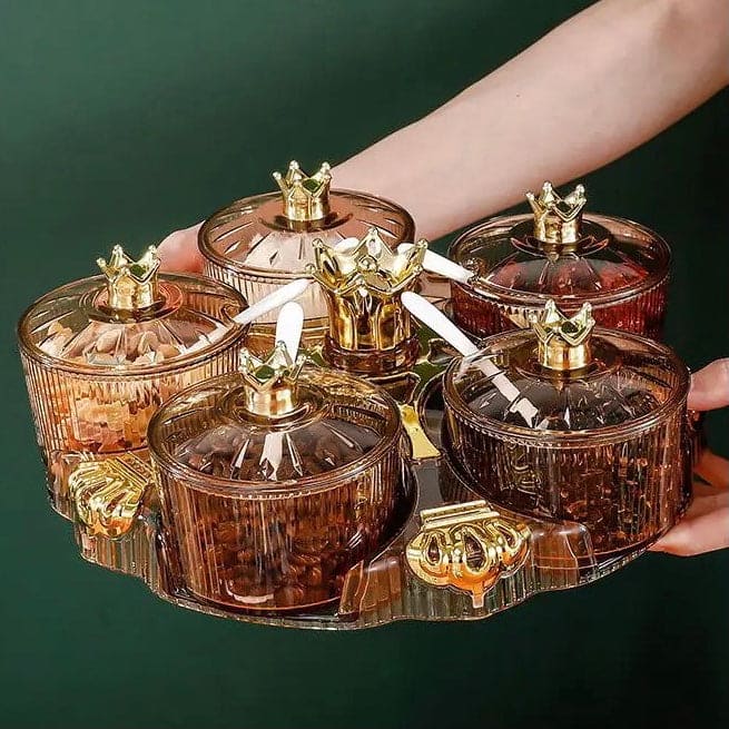 Golden Crown Spice Box, Creative Nut Candy Storage Box, Luxury Kitchen Salt Jar Pepper Sugar Bottle, Snack Tray Rotating Box, Snack Tray Rotating Box, Candy Tray Dried Fruit Tray Storage Box, Transparent Dried Fruit Box