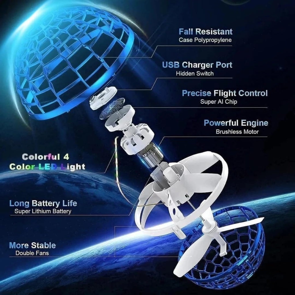 FLYING BALL UFO TOY WITH LED LIGHTS, AUTO-SPINNING & BOOMERANG EFFECT.