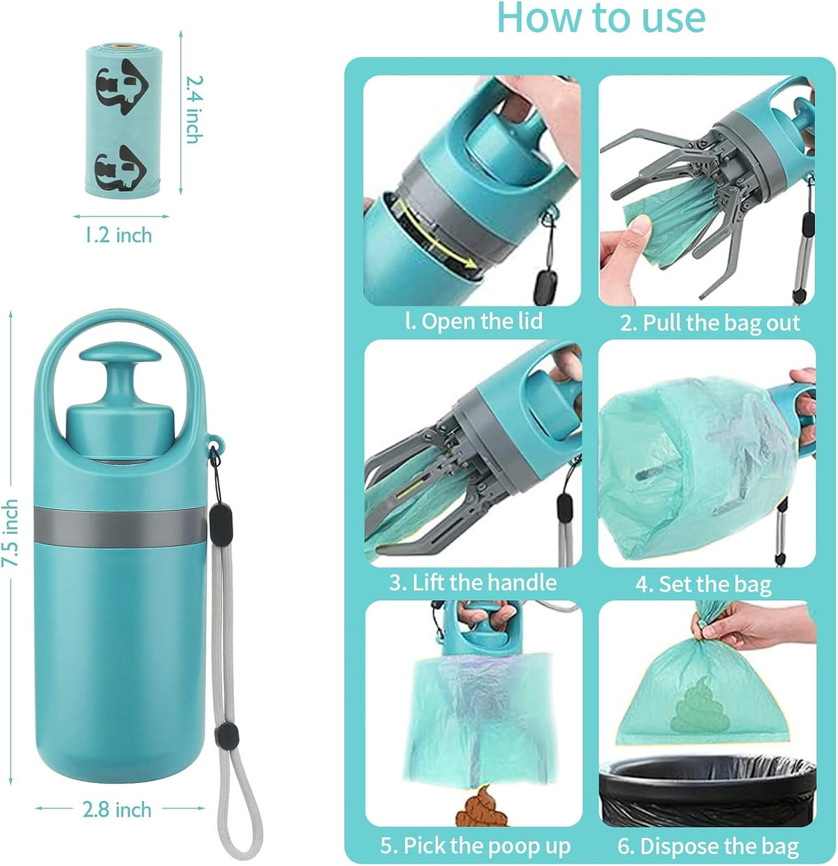 PORTABLE NO-TOUCH POOPER SCOOPER WITH 15PCS BAGS & LEAK-PROOF WASTE CONTAINER.