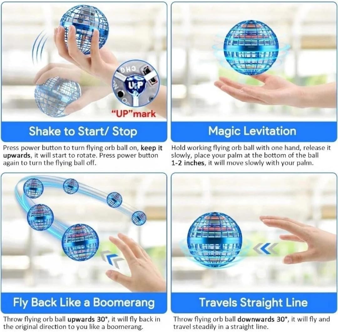 FLYING BALL UFO TOY WITH LED LIGHTS, AUTO-SPINNING & BOOMERANG EFFECT.