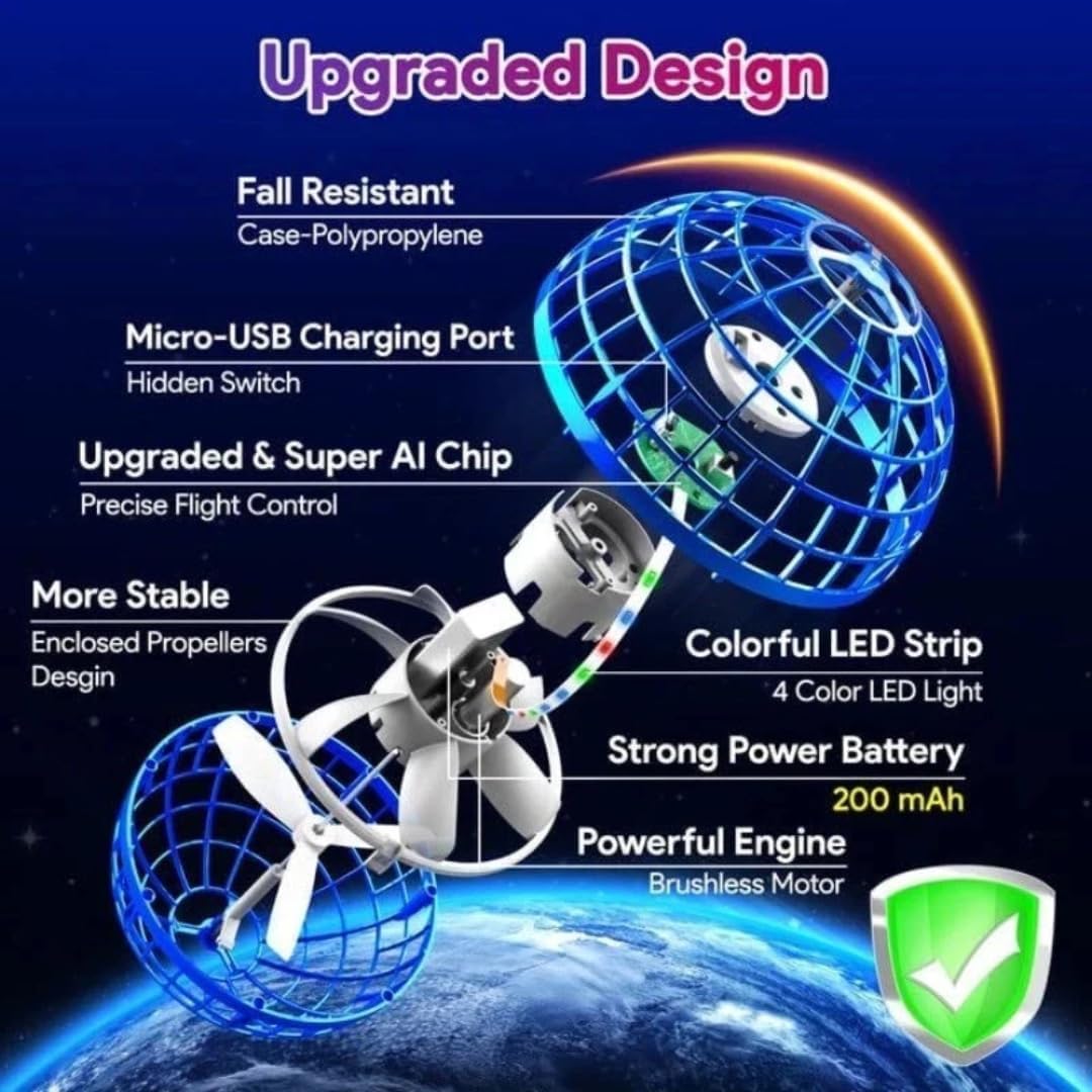 FLYING BALL UFO TOY WITH LED LIGHTS, AUTO-SPINNING & BOOMERANG EFFECT.