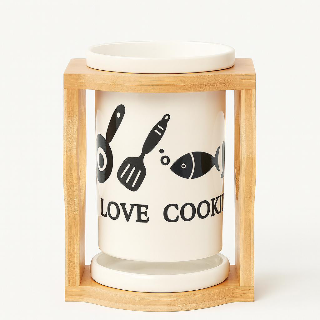 Premium Ceramic Cutlery Holder with Wooden Stand