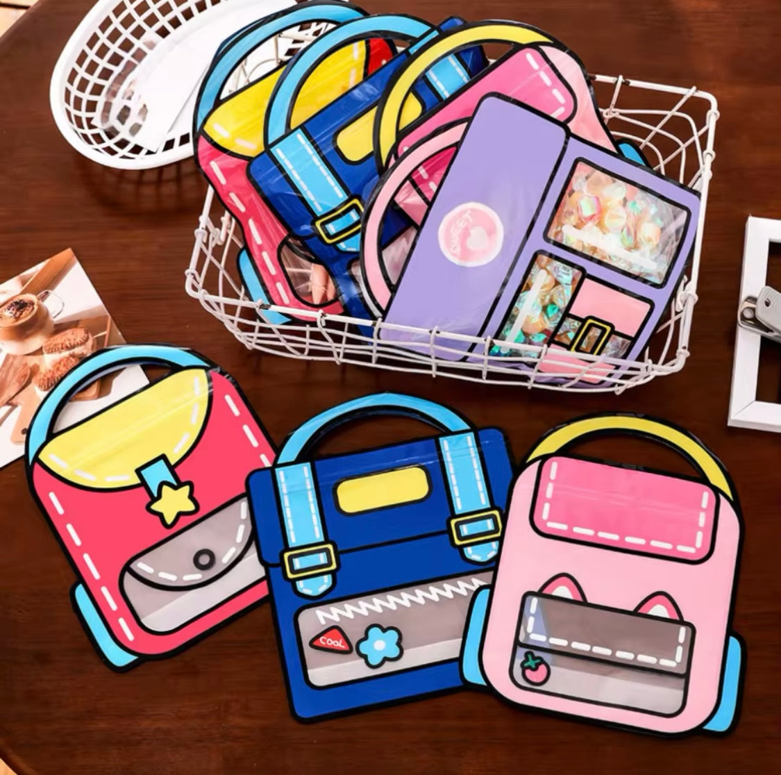 Set Of 4 Zip Lock Bag, Kids School Bag Shape Packing Bag, Cartoon Candy Cookie Bag
