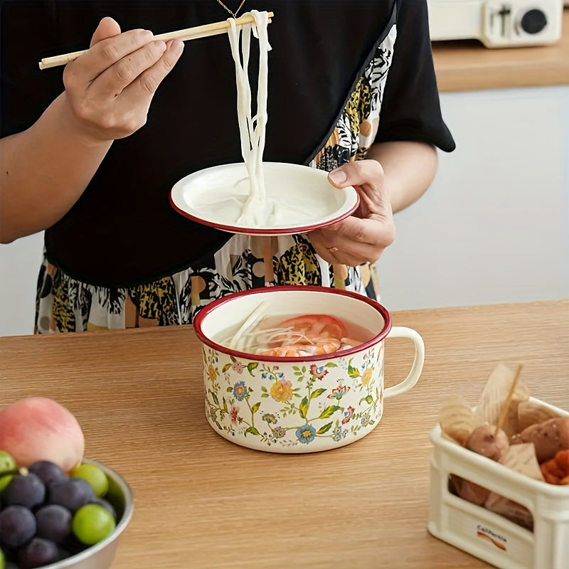 Multifunctional Seasoning Storage Bowl, Enamel Soup Cooking Pot, Flower Design Ceramic Noodle Pot With Lid