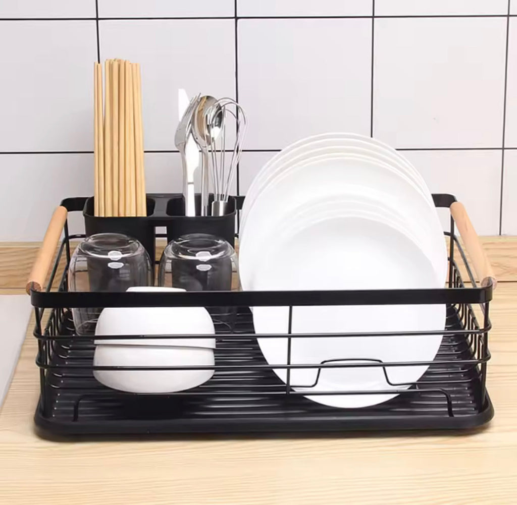 Stainless Steel Kitchen Dish  Storage Rack, Wooden Handle Dish Storage Holder, Chopsticks And Utensils Holder