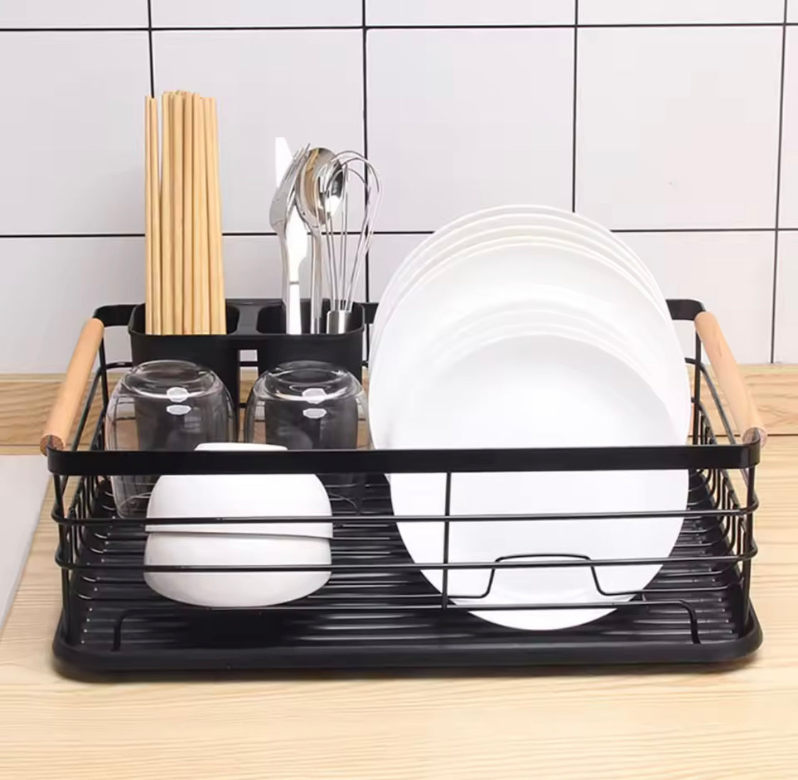 Stainless Steel Kitchen Dish  Storage Rack, Wooden Handle Dish Storage Holder, Chopsticks And Utensils Holder