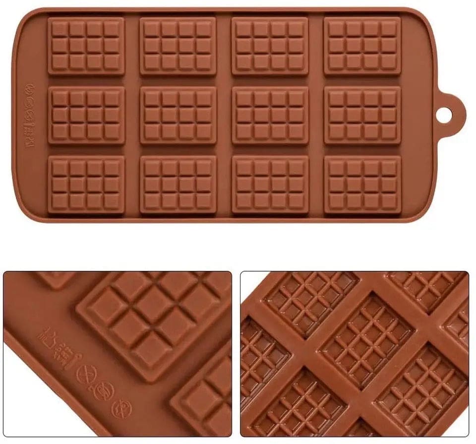 Silicone Chocolate Mini Bar Mold, 12 Even Chocolate Mold, Fondant Patisserie Candy Bar Mold, Non Stick Cake Decoration Mold, Mini Waffle Shape Mold, Flexible Clip-On Bar Trays Suitable for Chocolate, Kitchen Baking Accessories