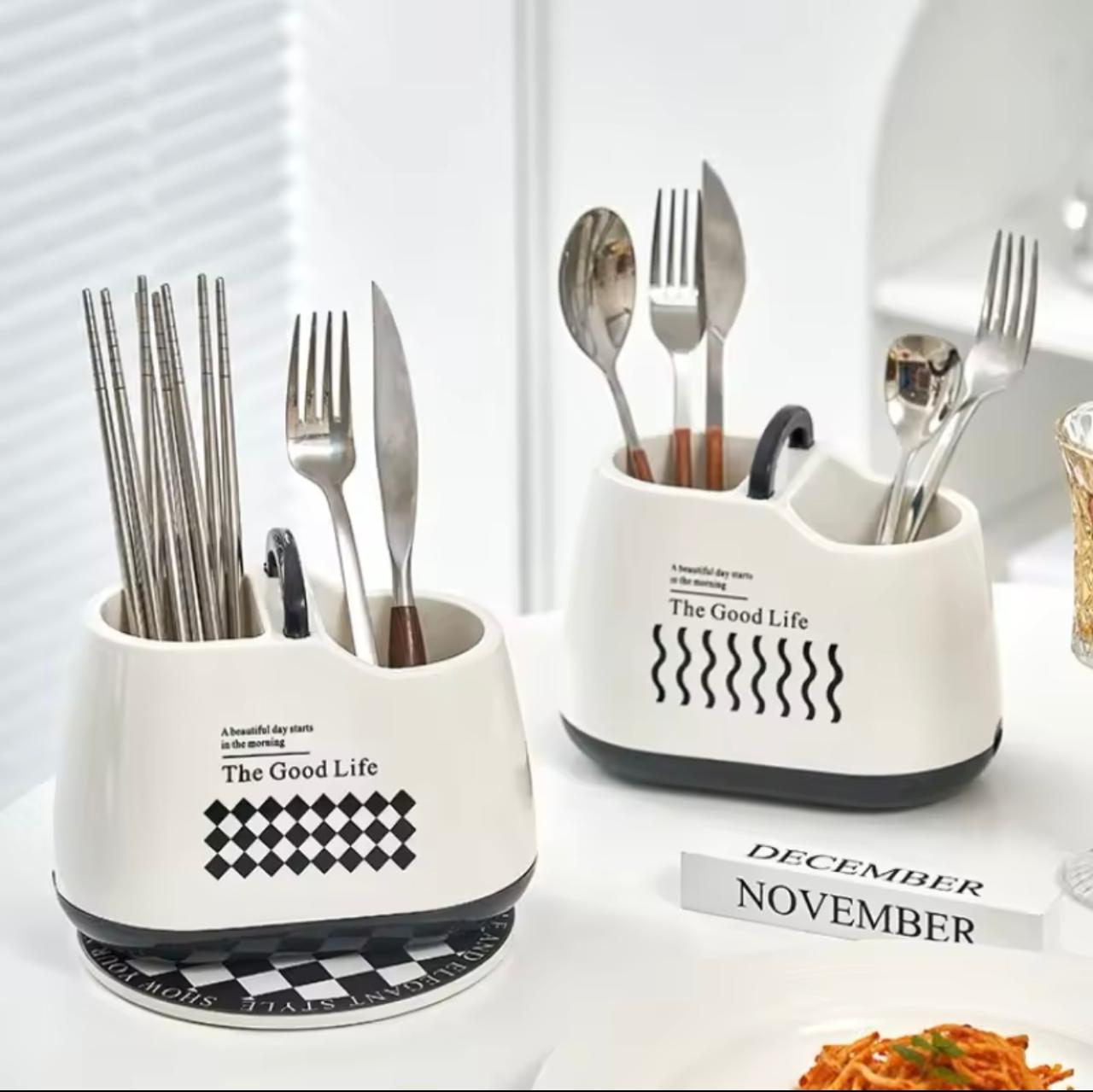 Daily Life Printed Cutlery Holder, Removable Hollow Out Utensils Organizer, Base Plate Drainable Spoon Fork Chopstick Stand Tray, Multifunctional Spoon Fork Chopstick Storage Holder, Household Kitchen Tableware Storage Holder Box