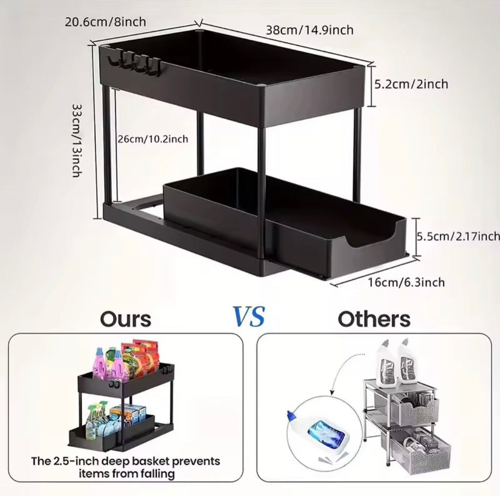 Double Deck Pull Out Organizer, 2 Tier Under Sink Organizer, Organizer Storage Rack With Hooks Hanging
