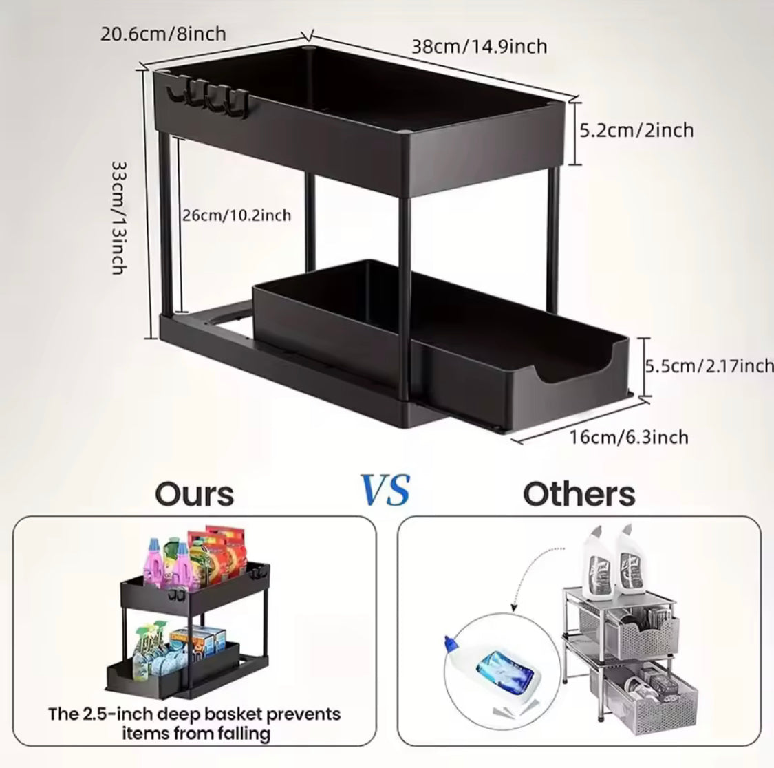 Double Deck Pull Out Organizer, 2 Tier Under Sink Organizer, Organizer Storage Rack With Hooks Hanging